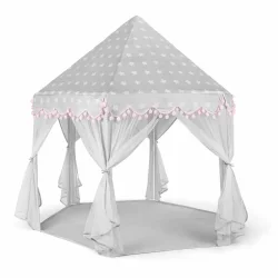 Stort legetelt til b�rn i gr� og pink med stjerner og gardiner &ndash; sekskantet b�rnetelt indend�rs