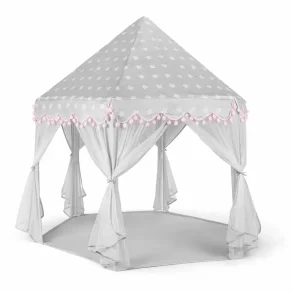 Stort legetelt til b�rn i gr� og pink med stjerner og gardiner &ndash; sekskantet b�rnetelt indend�rs