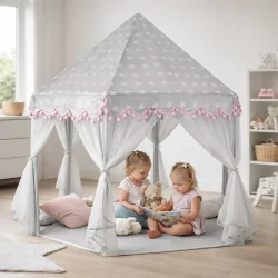 Legetelt til b�rnev�relse med b�rn der leger &ndash; hyggeligt b�rnetelt med gardiner og stjernem�nster