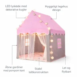 legetelt til b�rn i pink husdesign med LED lysk�de og gardiner p� hvid baggrund