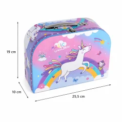 Leget�js tes�t med enhj�rning i kuffert til b�rn med viste m�l og dimensioner