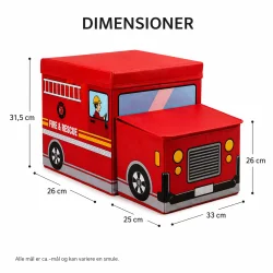 Leget�jskasse med l�g &ndash; brandbil til opbevaring med m�l og dimensioner vist