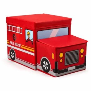 Leget�jskasse med l�g &ndash; brandbil til opbevaring p� hvid baggrund med bl�d skygge
