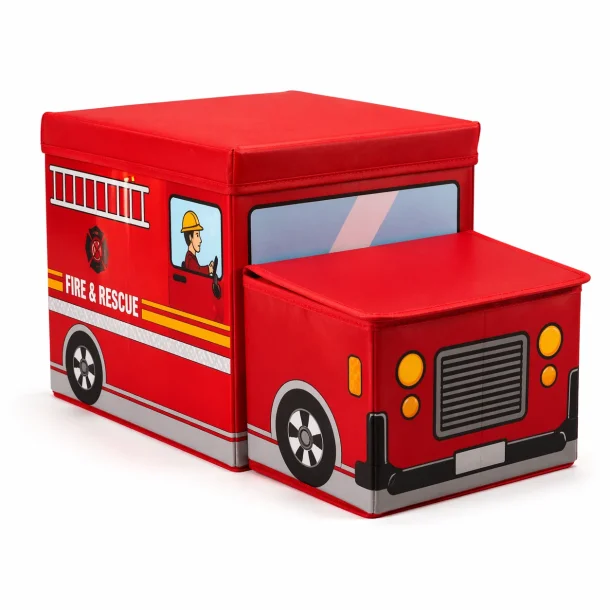 Leget�jskasse med l�g &ndash; brandbil til opbevaring p� hvid baggrund med bl�d skygge