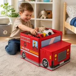 Leget�jskasse med l�g &ndash; brandbil til opbevaring i brug p� b�rnev�relse med leget�j