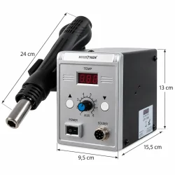 Loddestation med varmluft med m�l p� 9,5 x 15,5 x 13 cm og 24 cm lang varmluftskolbe