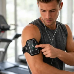 L�bearmb�nd til fitness med smartphone p� armen under tr�ning og jogging i fitnesscenter