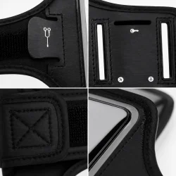 L�bearmb�nd med transparent PVC front, kabeludgang til h�retelefoner og st�rk velcrolukning til tr�ning