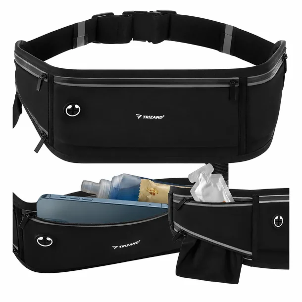 L�beb�lte til mobil fra TRIZAND med 3 lynl�slommer og refleks p� hvid baggrund