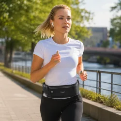 L�beb�lte med refleks og justerbar pasform vist i realistisk l�bemilj� ved vandet