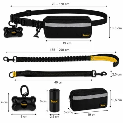 Canicross b�lte med m�l og dimensioner vist p� teknisk produktgrafik med justerbar l�beline til hund