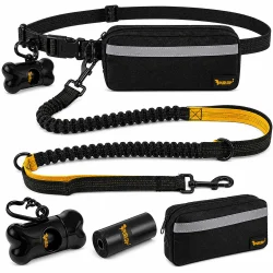 L�beline til hund med canicross b�lte og shock absorber vist som komplet hands free s�t p� hvid baggrund