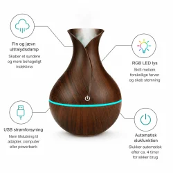 Luftfugter med RGB lys og USB str�m vist som infografik med funktioner og ultralydsdamp