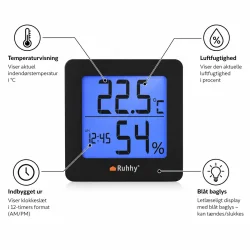 Luftfugtighedsm�ler med digitalt termometer, hygrometer, ur og bl�t baglys