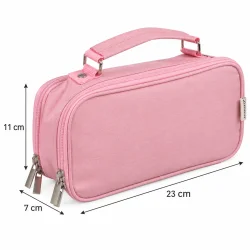 Lyser�dt penalhus med b�reh�ndtag og lynl�se, vist med m�lene 23 cm i l�ngden, 11 cm i h�jden og 7 cm i dybden.