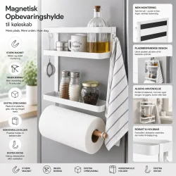 Magnetisk opbevaringshylde til k�leskab infografik &ndash; funktioner, montering uden boring og ekstra opbevaringsplads