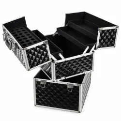 Stor sort makeup kuffert med udfoldelige bakker, b�reh�ndtag og aftagelig nederdel.