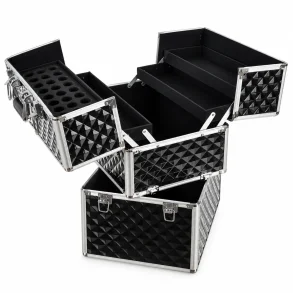 Stor sort makeup kuffert med udfoldelige bakker, b�reh�ndtag og aftagelig nederdel.