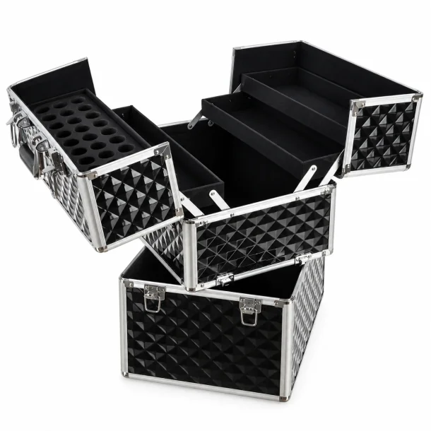 Stor sort makeup kuffert med udfoldelige bakker, b�reh�ndtag og aftagelig nederdel.