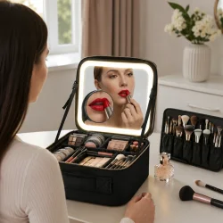 Makeup spejl med lys brugt ved makeupbord med kosmetikkuffert, makeup b�rster og LED-spejl i moderne indretning