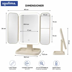 Makeupspejl med lys og m�ltegning der viser dimensioner, 3x forst�rrelse og justerbar 270 graders rotation