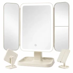 Makeupspejl med lys i 3-delt design med LED-belysning, 3x forst�rrelse og genopladeligt batteri p� hvid baggrund