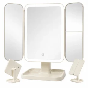 Makeupspejl med lys i 3-delt design med LED-belysning, 3x forst�rrelse og genopladeligt batteri p� hvid baggrund