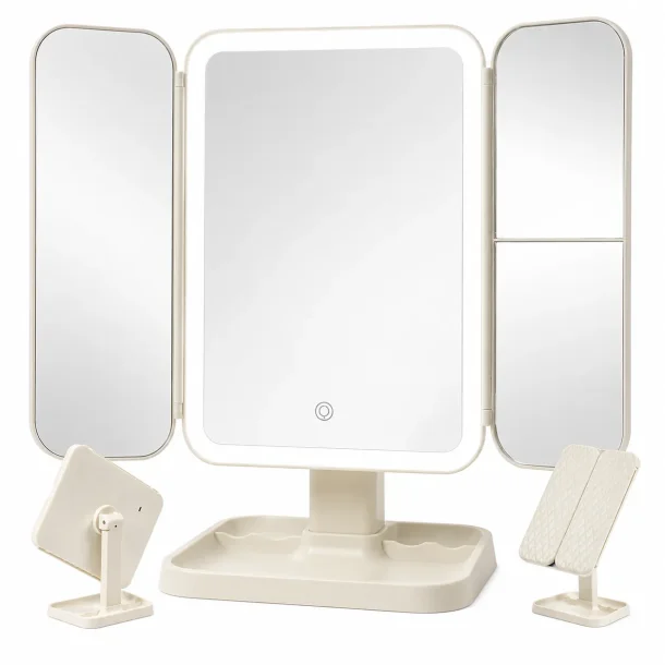 Makeupspejl med lys i 3-delt design med LED-belysning, 3x forst�rrelse og genopladeligt batteri p� hvid baggrund