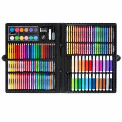 Malers�t med 168 dele i �bent sort etui med farveblyanter, farver, pasteller, tuscher og vandfarver.