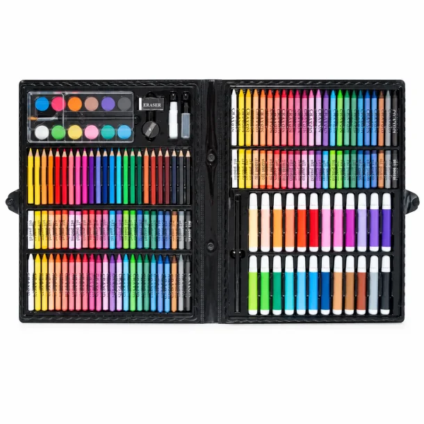 Malers�t med 168 dele i �bent sort etui med farveblyanter, farver, pasteller, tuscher og vandfarver.