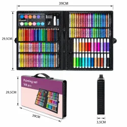 Malers�t med 168 dele vist med m�l p� 39 cm, 29,5 cm og 3,5 cm for det lukkede etui.
