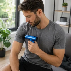 Massage gun i brug til restitution og muskelmassage efter tr�ning i moderne hjem