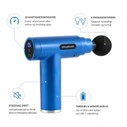 Massagepistol infografik med 10 hastigheder, 8 massagehoveder og tr�dl�s opladning
