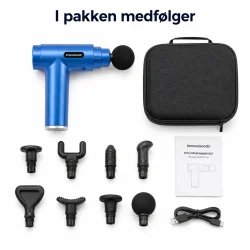 Massagepistol med tilbeh�r og massagehoveder samlet i pakken p� hvid baggrund