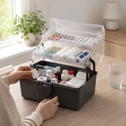Medicin opbevaring i moderne hjem hvor �ben medicinboks bruges til organiseret opbevaring af medicin og f�rstehj�lpsudstyr