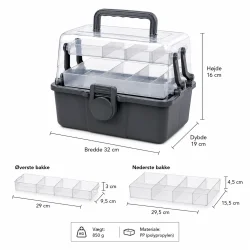 Medicinkasse med dimensioner og m�l vist p� hvid baggrund med smart opbevaringsboks og 2 niveauer