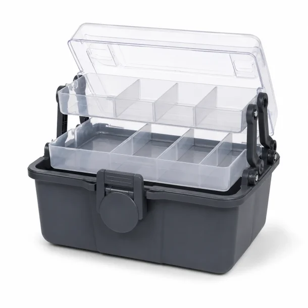Medicinkasse med 2 niveauer og foldbare rum vist �ben p� hvid baggrund med smart opbevaring til medicin og sm�ting