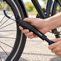 Mini cykelpumpe i brug p� et cykeld�k med fleksibel slange tilsluttet ventilen.