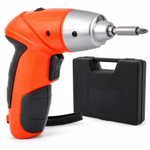 Mini elektrisk skruetr�kker i orange og sort med monteret bit og sort opbevaringskuffert.