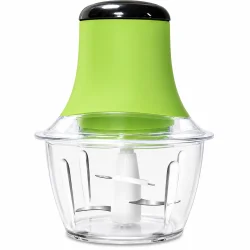Elektrisk minihakker med gr�n motorenhed, transparent 1,8 liters beholder og fire knive