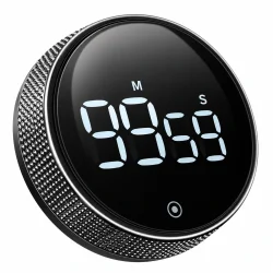 Sort minutur med magnet, digitalt display og rund drejekant