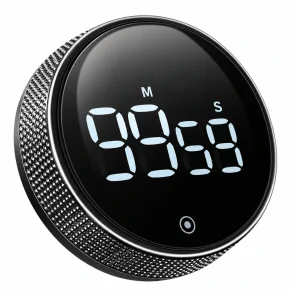 Sort minutur med magnet, digitalt display og rund drejekant