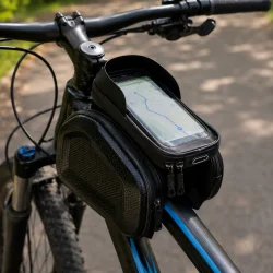 Vandt�t mobilholder til cykel monteret p� mountainbike under cykeltur