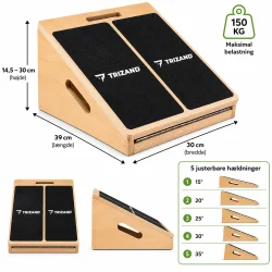Dimensionsgrafik af slant board med m�l, justerbare vinkler og maksimal belastning 150 kg