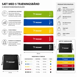 Modstandsb�nd s�t med 5 tr�ningsb�nd, opbevaringspose og oversigt over modstandsniveauer til fitness og hjemmetr�ning