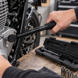 Momentn�gle anvendt p� en motorcykelmotor til kontrolleret tilsp�nding af en skruesamling