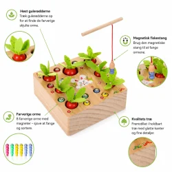 Montessori leget�j i tr� med guler�dder, magnetisk fiskestang og farverige orme