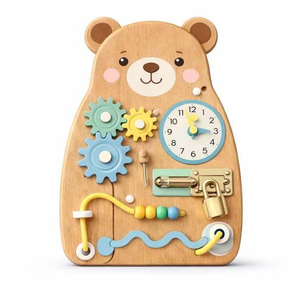 Aktivitetsbr�t i tr� til b�rn fra 3 �r � bj�rneformet busy board