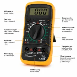 Multimeter digital 600V funktioner vist med m�leomr�der og display
