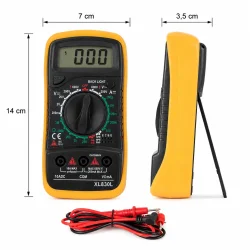 Multitester med m�l og dimensioner vist sammen med testledninger og LCD display